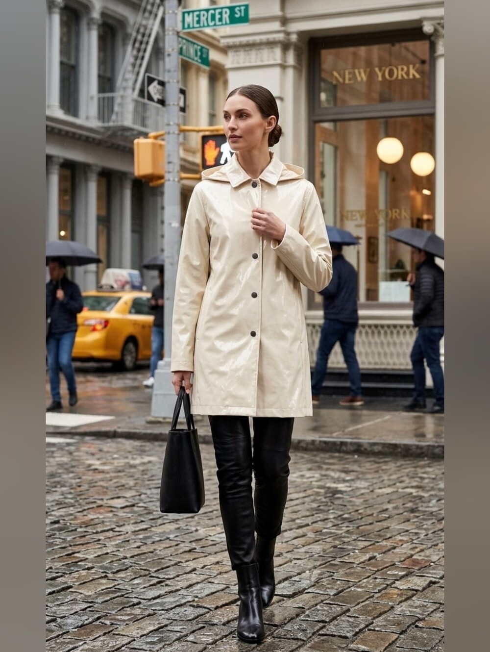 NWT Jane Post Off White Women's Slicker Classic Button-Front Raincoat Large